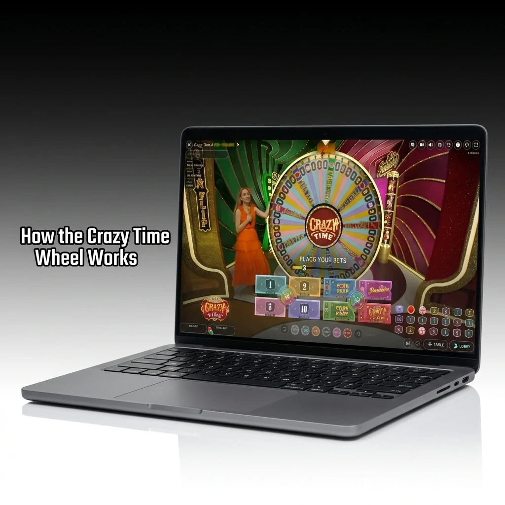 Live Crazy Time wheel with 54 segments, hosted by presenter, featuring number bets, bonus rounds, and Top Slot multipliers