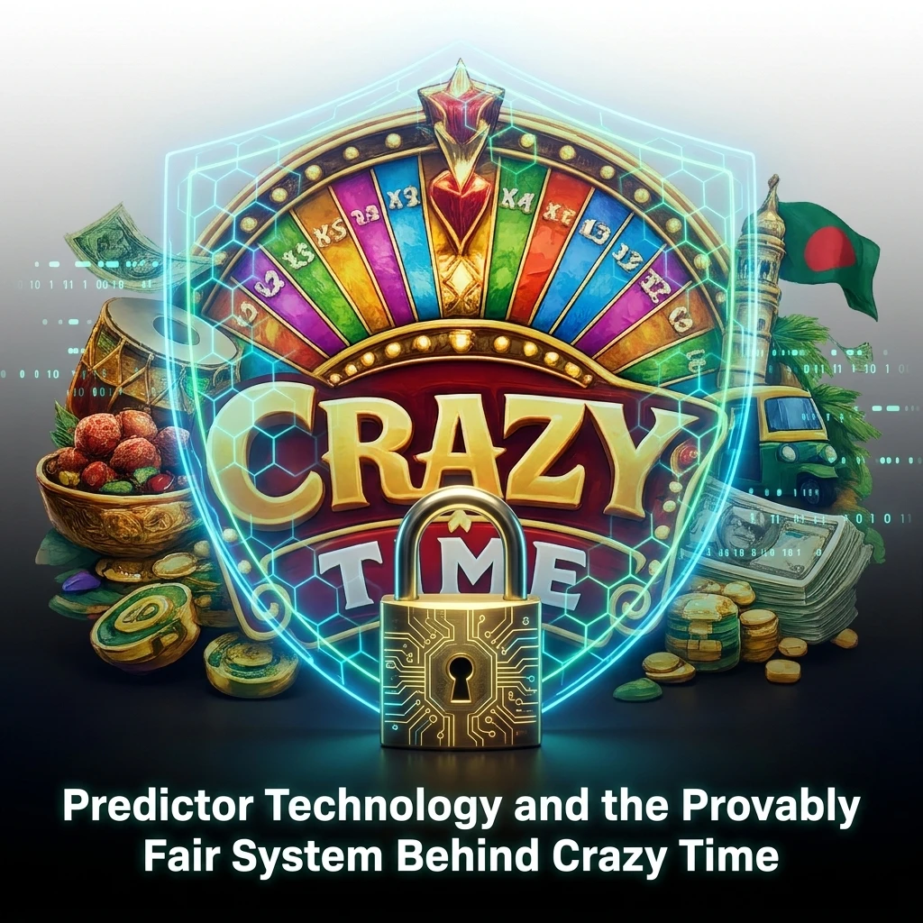 Crazy Time wheel spin with Provably Fair RNG system and predictor technology analyzing historical betting data