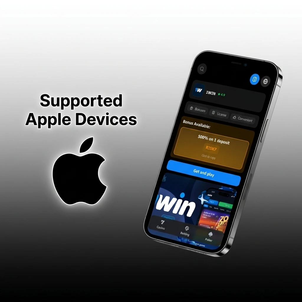 Supported Apple devices for 1win app including iPhone SE, iPhone 11-15 series and iPad models running iOS 12 or later