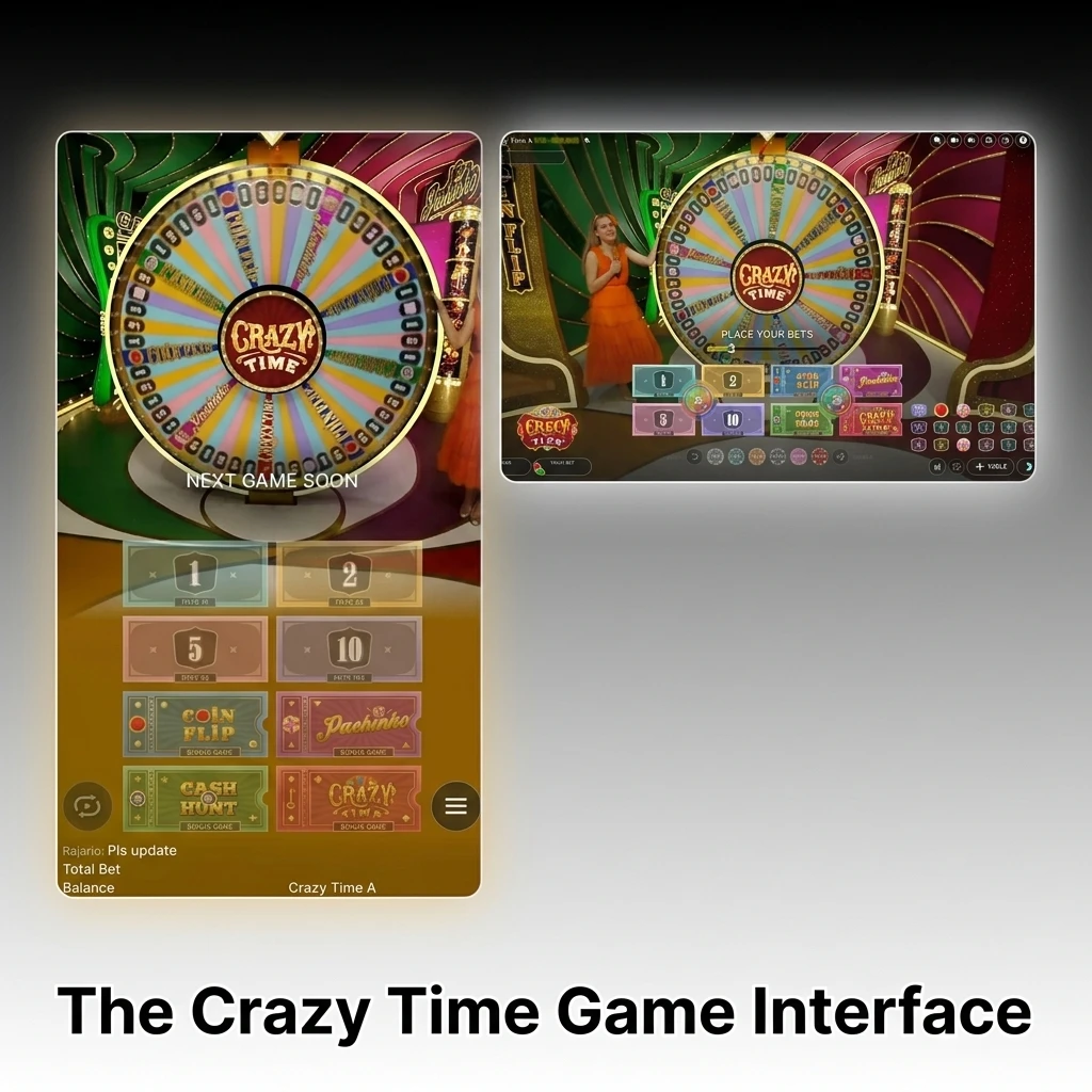 Crazy Time game interface with colourful spinning wheel, live host, betting grid, Top Slot display, and on-screen statistics