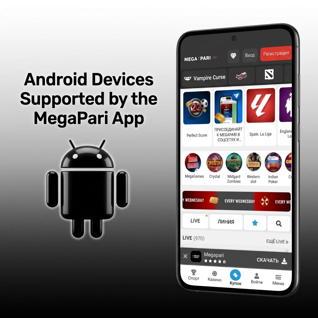 Android devices compatible with MegaPari app including Samsung, Xiaomi, Realme, Tecno, Infinix, POCO, and OnePlus models