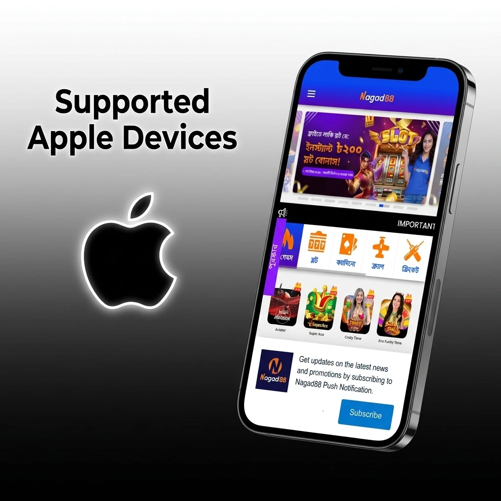 Apple devices supported by Nagad88 Crazy Time app, including iPhone SE, 12, 13, 14, 15 and iPad models running iOS 12+
